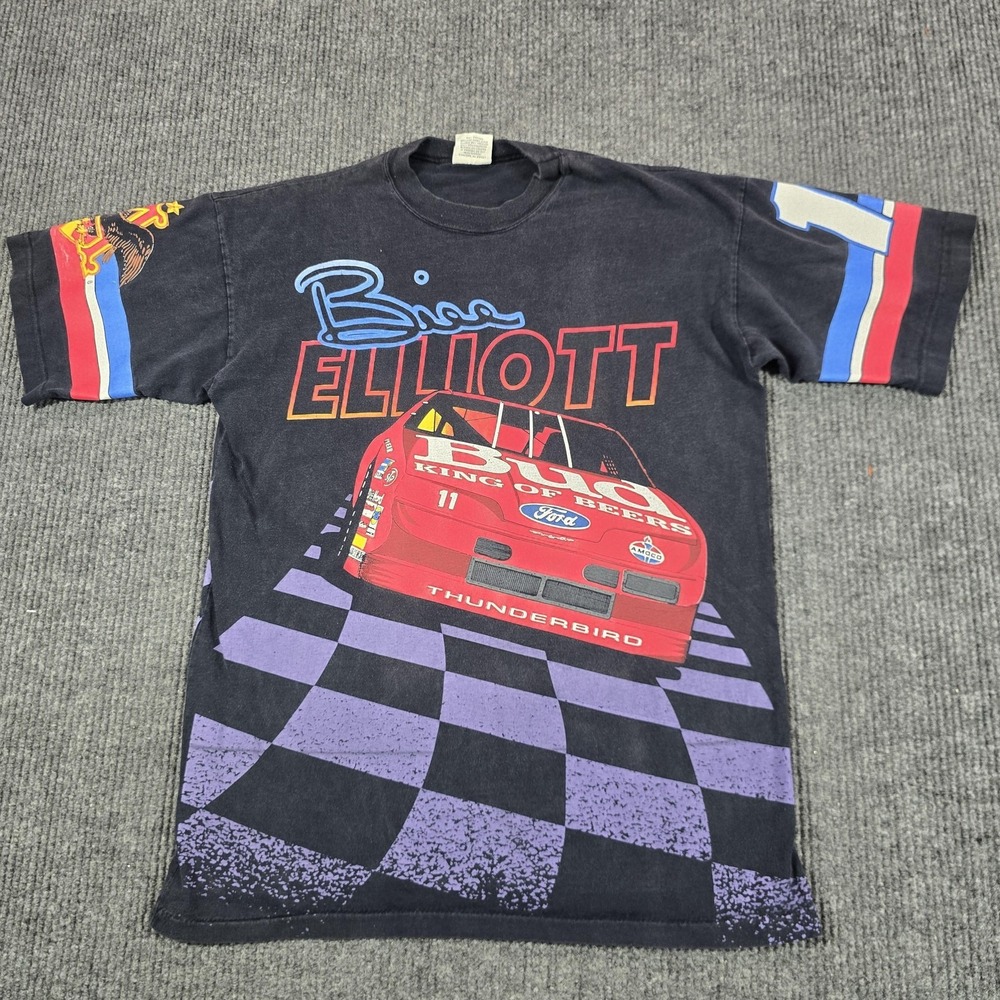 Vintage Bill Elliott Shirt‎ Mens Large Black Budweiser NASCAR Most Popular 1993